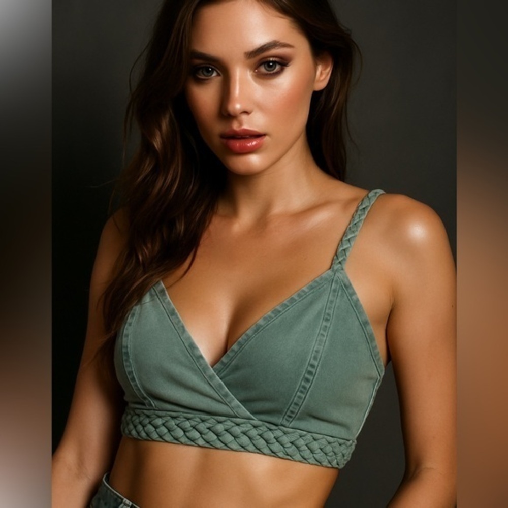 Green Braid Detail Denim Bra Crop Top Swim Festival EUC XS/S #938